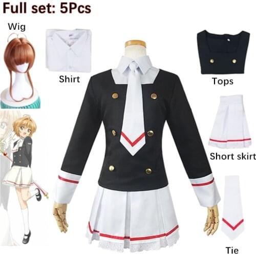 Anime Card Captor Cosplay Japanese JK Uniform School Suit Woman Girls Kinomoto Sakura Cosplay Costume Tops + Skirt + Tie + Wig