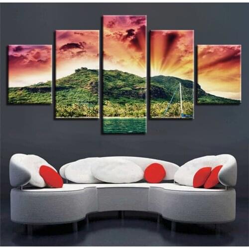 Decor Canvas Pictures Art Print 5 Pieces Lake And Mountain Sunshine Natural Scenery Painting Poster Modular For Living Room Wall
