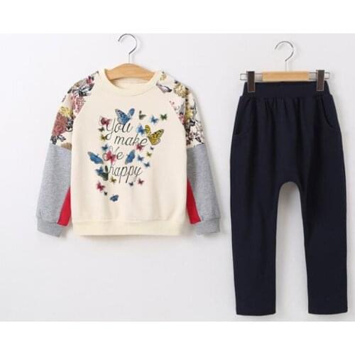 DFXD Children Clothing Set 2018 Spring Autumn Long Sleeve Butterfly Print Pullover+Pant 2pcs Fashion Teens Girls Outfits 4-12Y