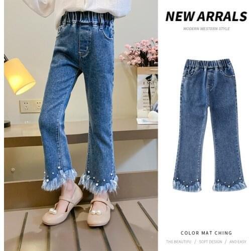 Spring Teen Girl Solid Jean Boot Cut Pearl Decoration Jeans For Girls Casual Children Pants Kids Autumn Clothes 4 6 9 12 14 Year