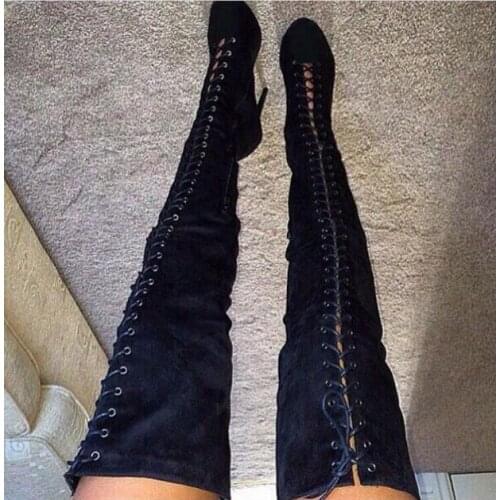 Hot selling over the knee boots for woman round toe lace-up thigh high boots 2017 thin heels woman boots cutouts boots
