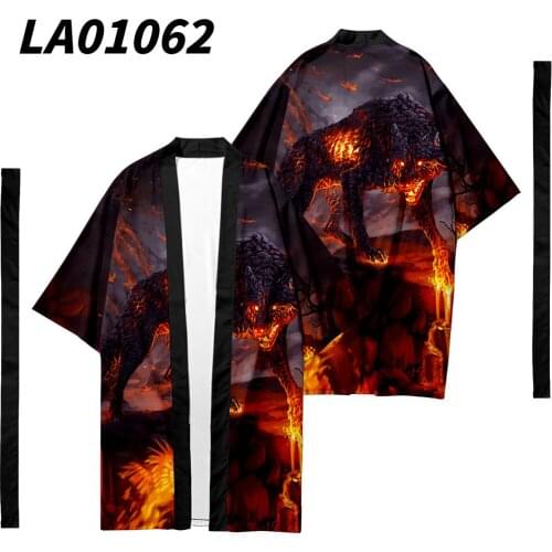 Oversize 6XL Wolf Printed Long Style Japanese Kimono Cardigan With Belt Couple Women Men Casual Asian Clothes Harajuku