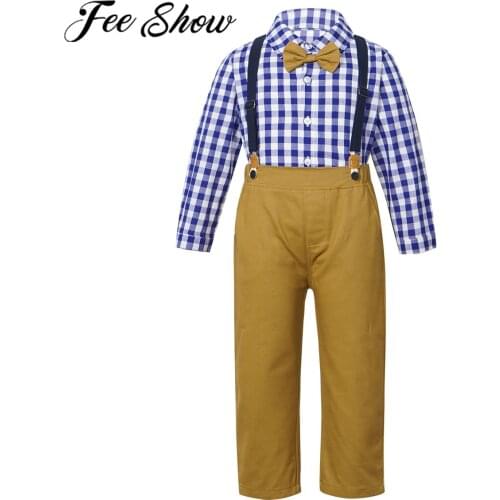 2Pcs Kids Boys Gentleman Suits For Boy Party Bowtie Long Sleeve Plaid Shirt + Suspender Pants Trousers New Year Child Outfits