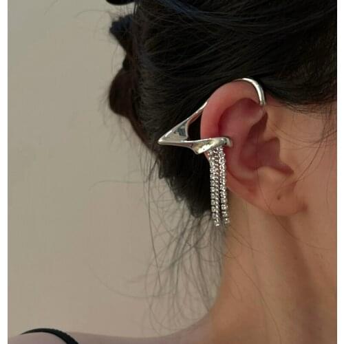 SRCOI Cool Elves Ear Warp Clips Women Girl Shiny Zircon Tassel Ear Cuff Clip Without Piercing Silver Color Wing Trendy Jewelry