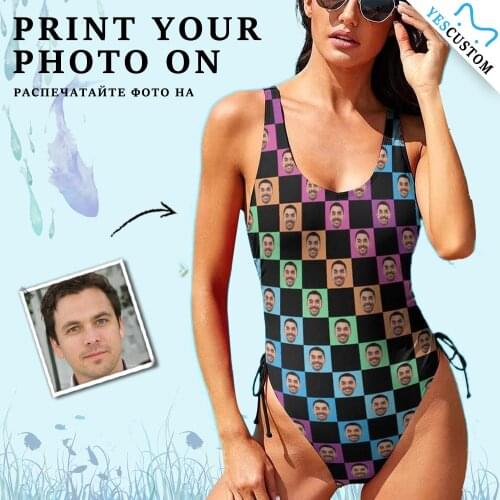 Custom Face Photo Bathing Suit Women Bikini Bra Color Grid Beach One Piece Personalized Drawstring Side Female Gift Swimwear