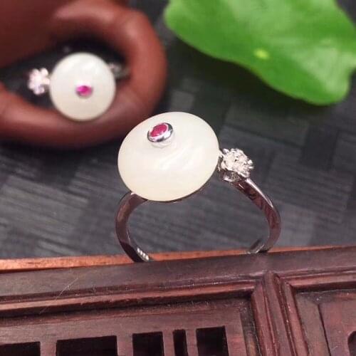 Natural authentic Xinjiang and Tian Baiyu ring 925 silver gilt ring inlaid jade jewelry female models containing certificates