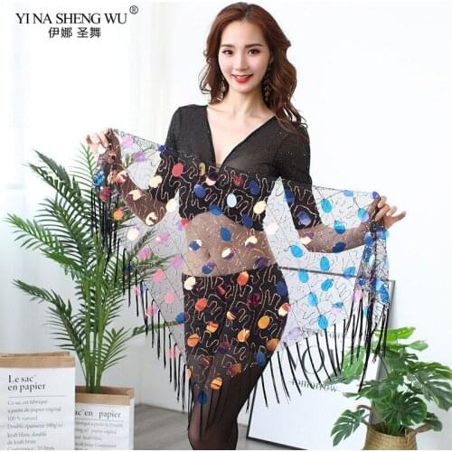 New Belly Dance Clothes Accessories Mesh Long Tassel Triangle Belt Hand Crochet Bellydance Hip Scarf with Round Sequins Women