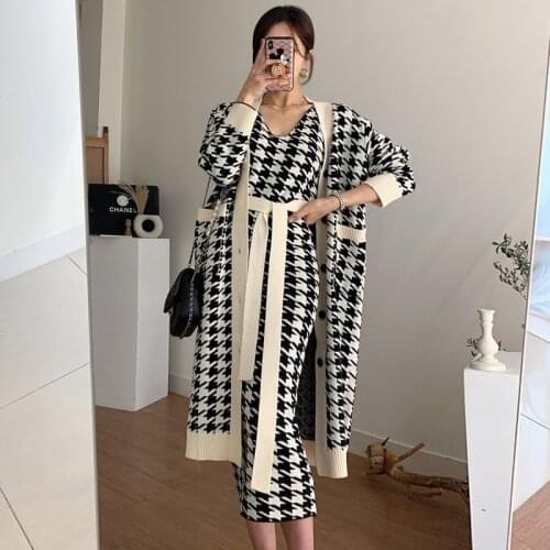 Autumn Sweaters Retro Long Sleeve V Neck Knitted Coat Long Bandage Waist Sexy Bird Lattice Tank Dress Women Fashion Sets