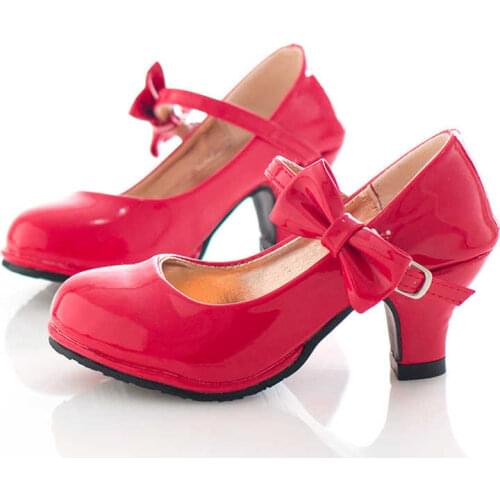 Autumn Hot Kids Shoes For Girls Fashion Princess Leather Dance Party Bow Shoes Shiny Solid Red Color High-Heeled