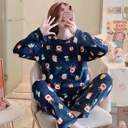 2 Pieces Pajamas Set Winter Thicken Women Cartoon Printin Korean Sleepwear Homewear Cute Cartoon Long Sleeve Soft Warm Pijamas