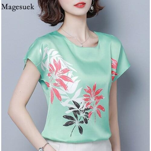 Casual Summer Satin Womens Shirt Tops Short Sleeve Print Women Shirts Blouses Plus Size Loose Office Ladies Blouse Blusas 9373
