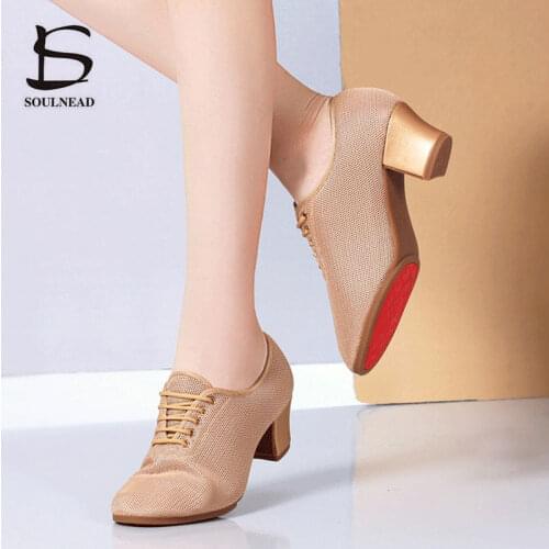 Mesh Women Shoes Jazz Latin Dance Shoes Soft Adult Ballroom Salsa Tango Shoes Female Middle Heeled Breathable Training Sneakers