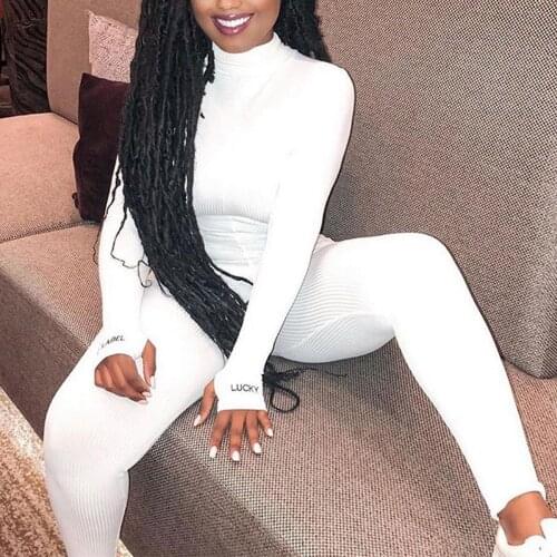 Turtleneck Knit Rib Bodycon Fitness Playsuit Sportswear Long Sleeve Zipper Body Embroidery Lucky Label Rompers Womens Jumpsuit