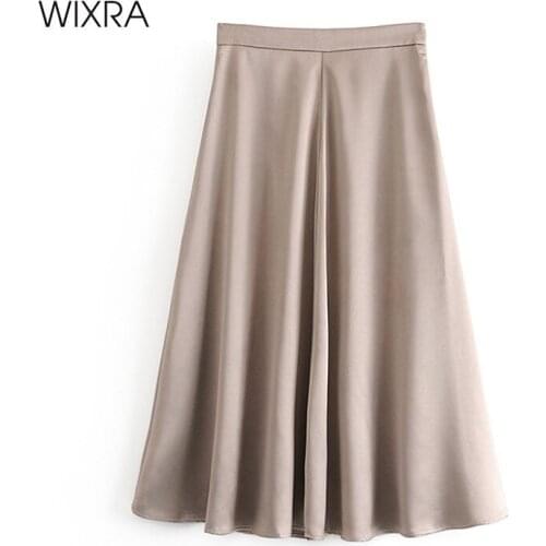 Wixra Womens Satin Skirts A-Line High Waist Solid Bottoms Elegant Mid-Calf Streetwear For Ladies Summer Autumn Hot