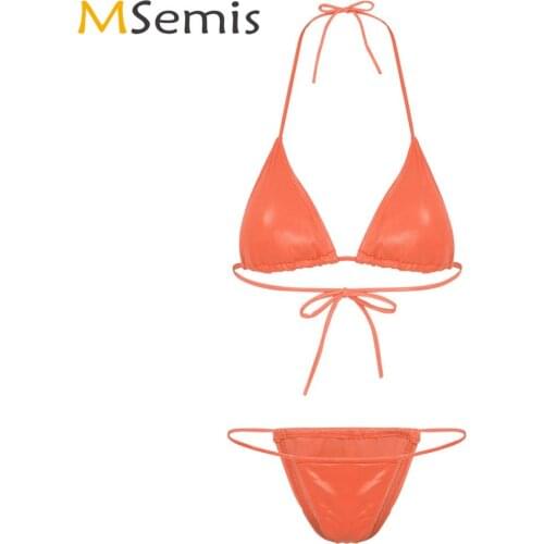 Women Shiny Wet Look Bikinis Exotic Triangle Lingerie Set Sexy Beach Party Costumes Halter Padded Bra Top with High Waist Briefs