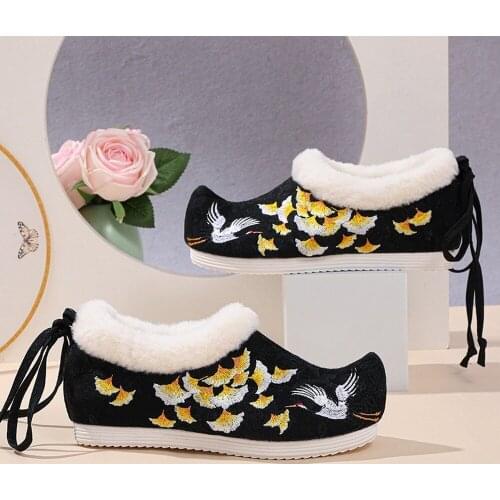 Womens Embroidery Flying Crane Ankle Boots Hanfu Fur Liner Warm Snow Winter Hidden Heel Shoes Chinese Styles Black White New