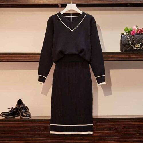 Knit Striped Casual V-Neck Jumper Sweaters Tops+Elastic High Waist Knitted Skirts Women Fashion Autumn Winter High Street Sets
