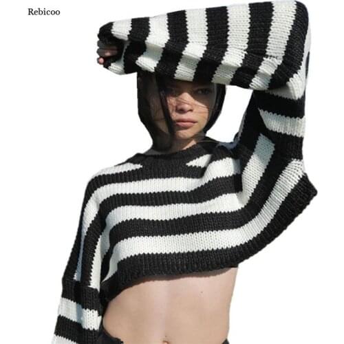 Women Sweater Vintage Gothic Striped Long Sleeve O-Neck Loose Short Pullover Dark Black Punk Y2K Sweater New