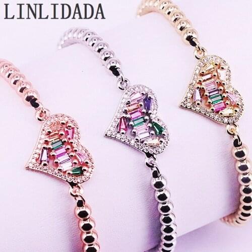 10Pcs Micro Pave Colorful Rainbow Zircon CZ Heart Charm Braided Macrame Bracelets