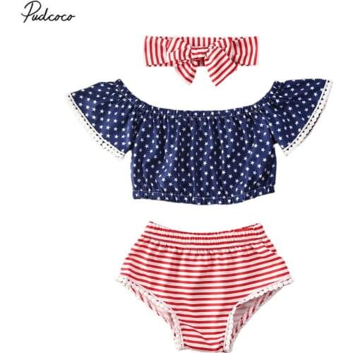 2020 0-3Y Independence Day Summer Infant Baby Girl Clothes Sets 3pcs Off Shoulder Ruffles Sleeve T Shirts Tops+Shorts+Headband