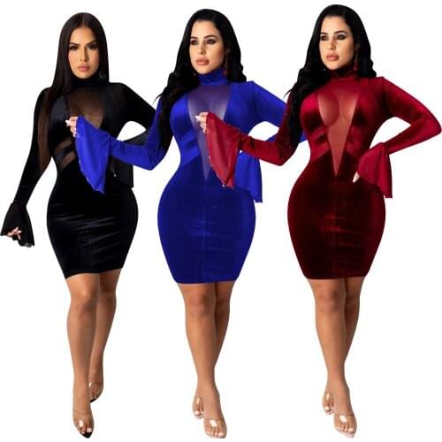 2021 Autumn Popular Style All Match Sexy Half High Neck Flared Sleeve Elegant Deep V Solid Color Stitching Mesh Womens Clothing