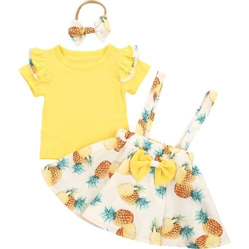 3Pcs Baby Summer Outfits, O-Neck Short Sleeves T-Shirt + Pineapple Print Overalls Skirt + Hair Band Suit for Girls