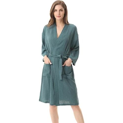 Crepe Womens Summer Spring Bathrobe Thin Cotton V Neck Ladies Bath Robe Solid Kimono Knee Length Cotton Home Clothes for Female