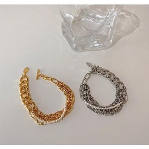 Origin Summer Multi-layer Metallic Chain Charm Bracelet for Women Girls Gold Silver Color Imitation Pearl Bracelet Jewellery