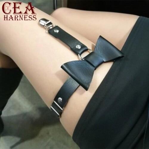 CEA Black Garter Women Bow-knot Elastic Leather Leg Ring Stockings Garter Belt Thigh Gothic Bondage Harness Suspender Garters