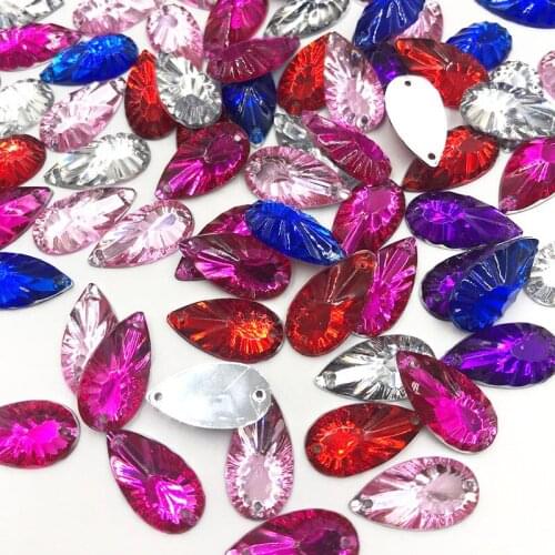 17mmx9mm 50pcs/lot Colorful Water Drop Shape 2 Holes Loose Rhinestones Sew-on Apparel Sewing Accessories DIY Crafts T08