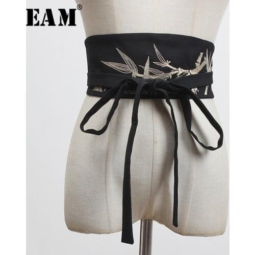 [EAM] Black Embroidery Bandage Split Long Wide Belt Personality Women New Fashion Tide All-match Spring Autumn 2021 1Y820