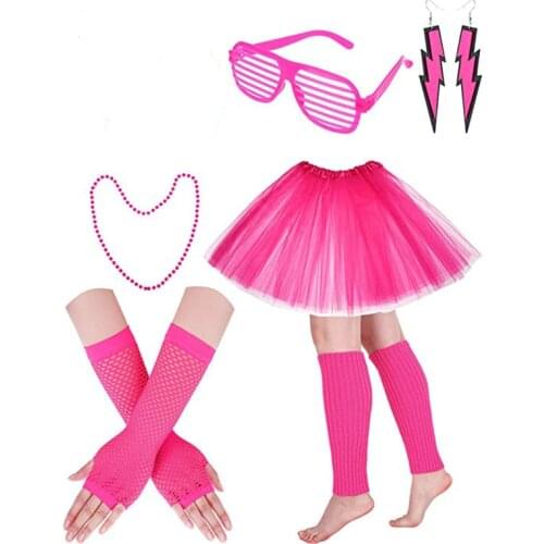 Cosplay Costumes 80s Costume Set Includes Fishnet Gloves Tutu Skirt Leg Warmer Neon Earrings and for 80s Party Accessories