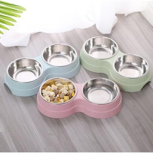 Dog Puppy Food Water Feeder Stainless Steel Wheat straw round two in one Pets Drinking Double Bowl