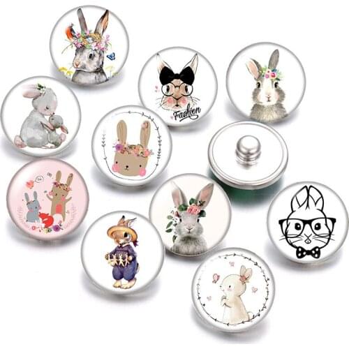 Cute Rabbit Easter egg Easter Day 18mm snap buttons 10pcs mixed round photo glass cabochon style for snap button jewelry