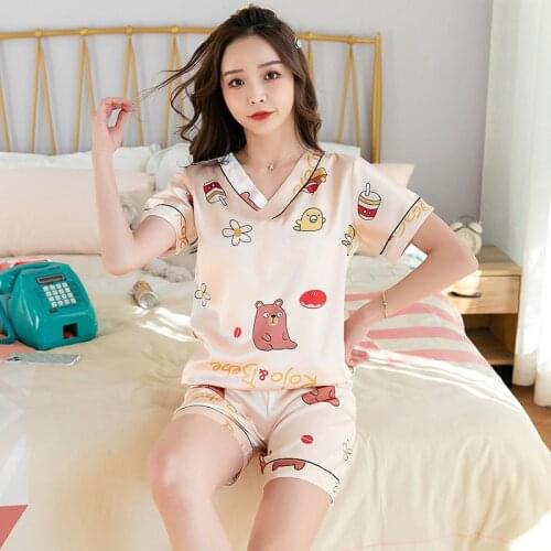 2021Summer New Womens Pajamas Ice Silk V-neck Short-sleeved Shorts Printed Home Service Sleep Tops Pijamas Women Sleepwear