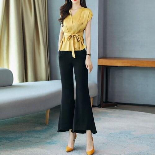 New Women Summer Sleeveless V Neck Shirt Tops+Flare Pant Suits Fashion Sets Elegant Woman Casual Lady 2 Piece Set