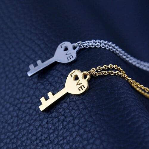 New Design Gold Silver Color Stainless Steel Hollow Love Letter heart shape Key Pendants Necklace Fashion Gift Jewelry For Lover