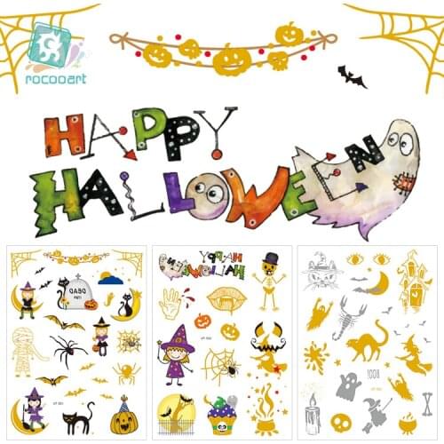 Rocooart Golden Halloween Tattoo DIY Fake Tattoo Metallic Taty Witch Body Art Waterproof Temporary Tattoo Stickers Skull Tattoo