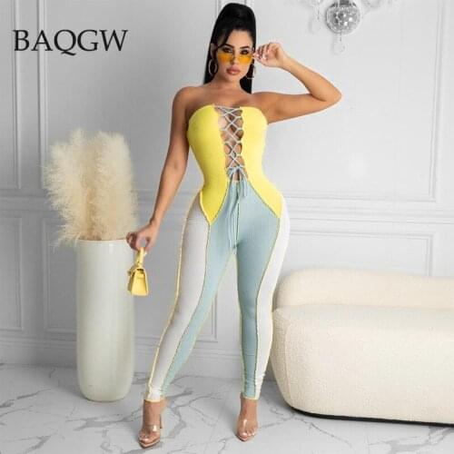 Sexy Hollow Out Lace Up Patchwork Bodyocn Jumpsuit Clubwear Spring Summer Strapless Color Block Bandages One Piece Skinny Outfit