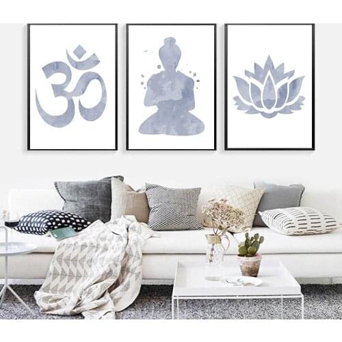 Grey Meditation Canvas Painting Abstract Buddha Statue Lotus Poster Buddha Buddhism Prints Poster Home Decoration Wall Art