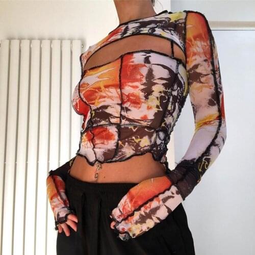 SEASONS Cut Out Harajuku Sexy Long Sleeve T Shirt Women Autumn Print Mesh Crop Tops Tee Fashion Transparent T-shirts ASTS83520