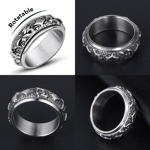316L Rotatable Tibeta Om mani padme hum Mens Calvarium Punk Vintage Ring Gothic Stainless Steel Biker Rings Motorcycle jewellery