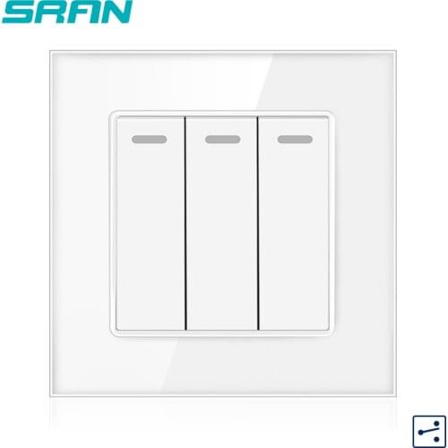 SRAN UK 3Gang 2Way Light Switch Luxury Crystal Tempered Glass Panel 86mm*86mm 16A 250V White/black/gold power switch A610-32