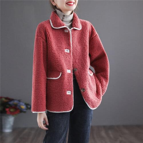 Autumn Winter Grain Fleece Lapel Short Jacket Women Retro Large Size Loose Warm Top Fashion Casual Single Breasted Coat y1154