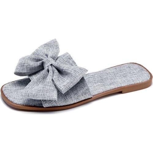 2020 new slippers womens summer fashion outer wear sandals Korean bowknot linen breathable flat heel beach sandals for ladies