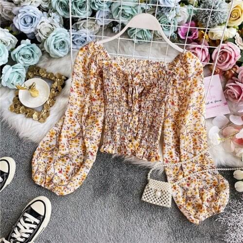 2020 summer new female chic flower square colloar puff sleeve ruffles lace-up chiffon shirts womens elegant blouses fairy shirt