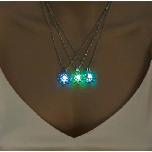 3 Colors Hollow Out Flower Pendant Silver Color Necklace with Glow in the Dark Locket Luminous Stone Pendant Necklace for Women