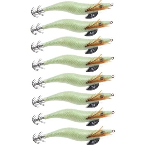 8PCS Shrimp Fishing Lures White Luminous Squid Jigs Artificial Wood Prawn Tackle Hooks Bait 10CM 13.5CM For Cuttlefish Octopus