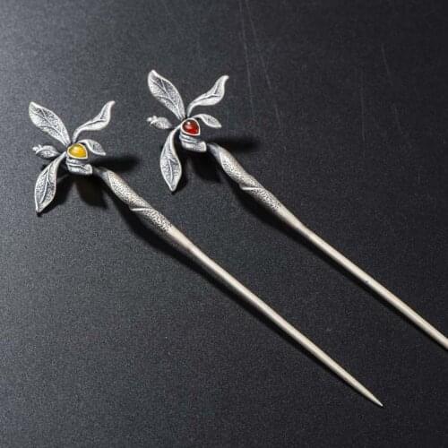 925 Sterling Silver Hair Stick Orchid Agate Hanfu Women Hair Accessories Vintage Luxury Jewelry Handmade