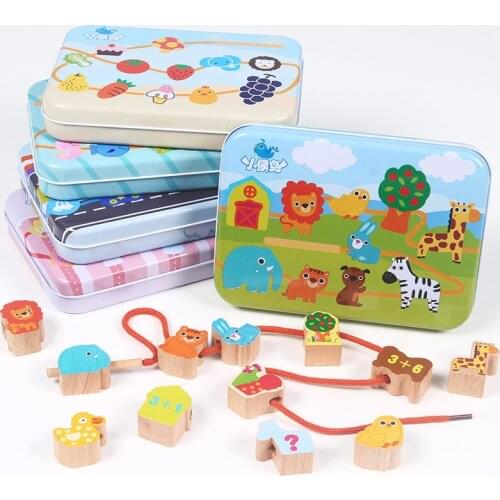 Wooden toys Baby DIY Toy Cartoon Fruit Animal Stringing Threading Wooden beads toy Monterssori Educational for Children